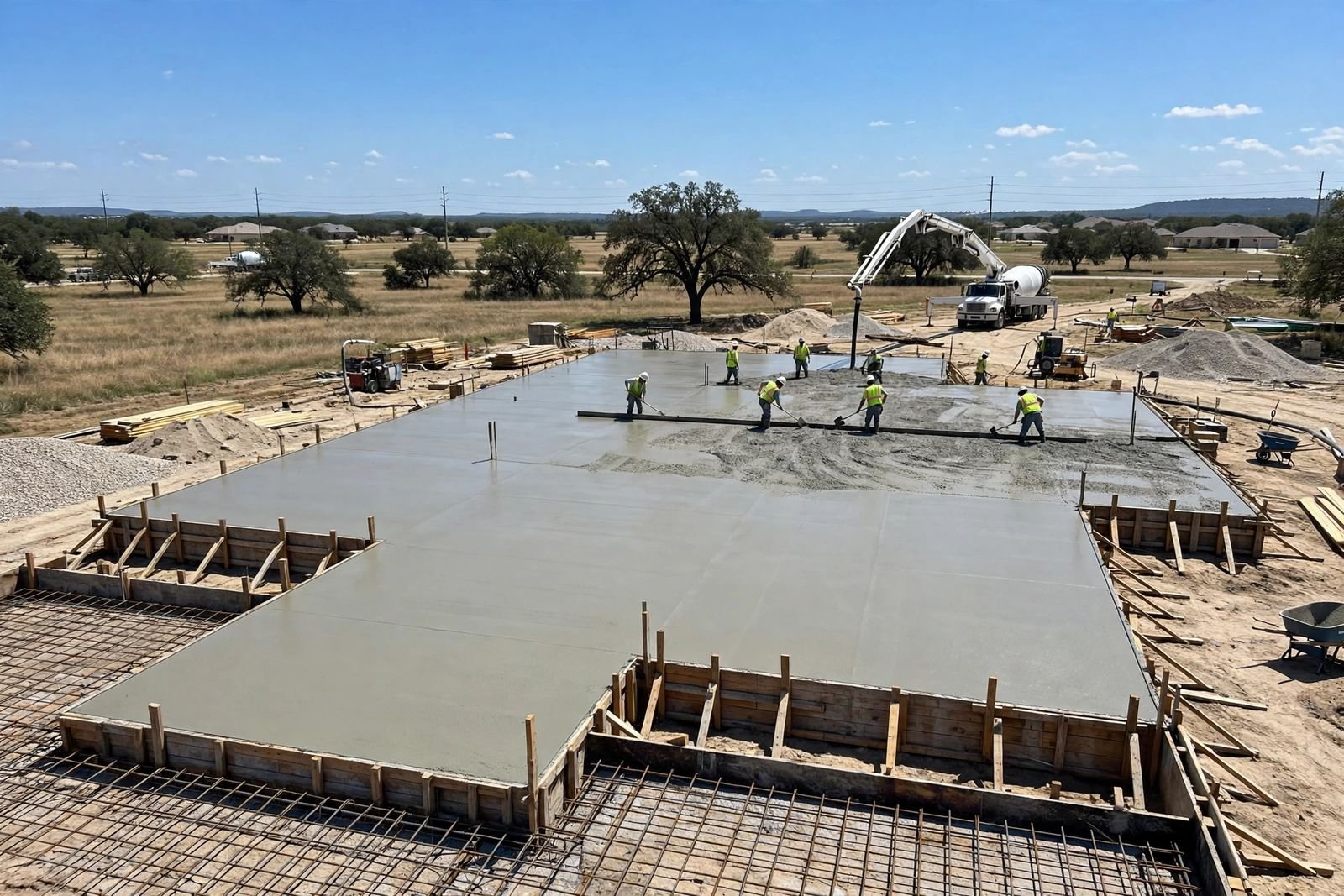 Fresh concrete slab foundation being poured in Texas