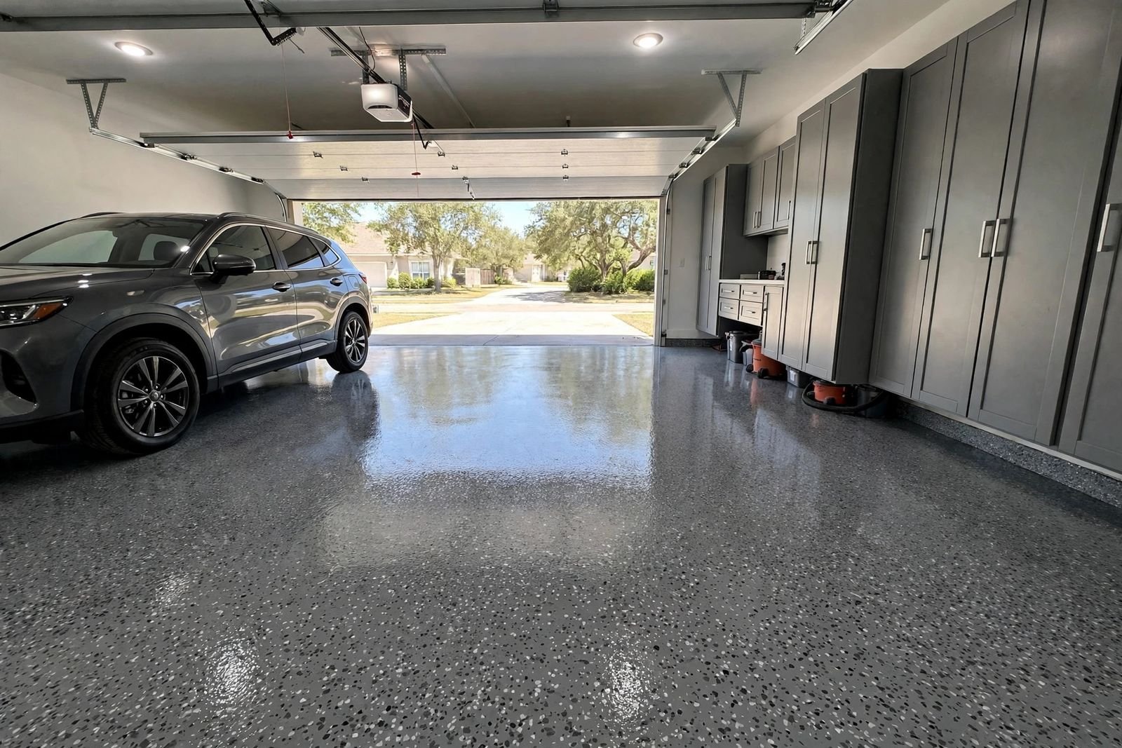 Epoxy flake garage floor inside a Houston home