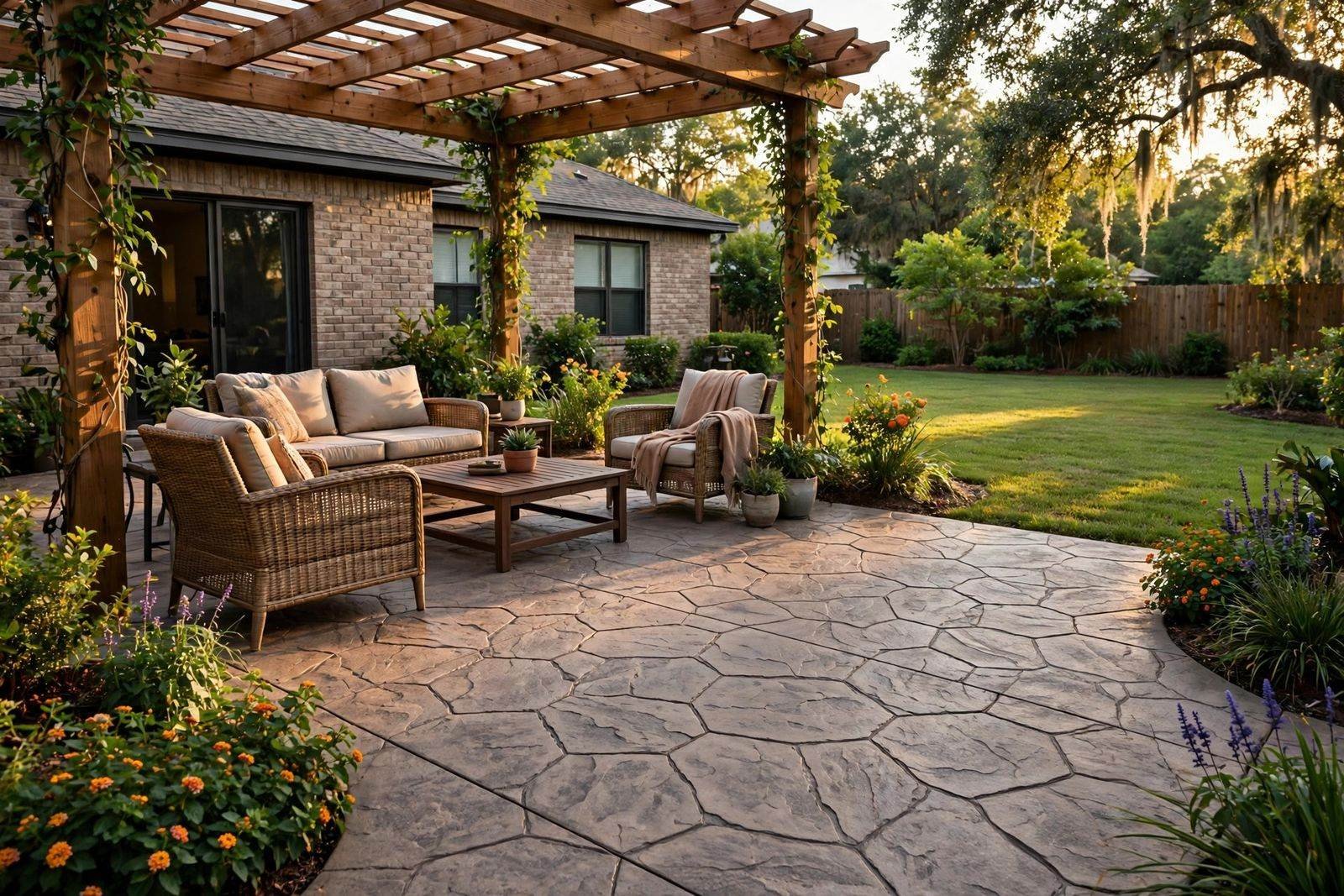 Stamped concrete patio behind a Houston house